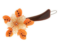 L. Erickson Chantilly Barrette on Tige Boule, Brown/Coral, 3"x1.5"